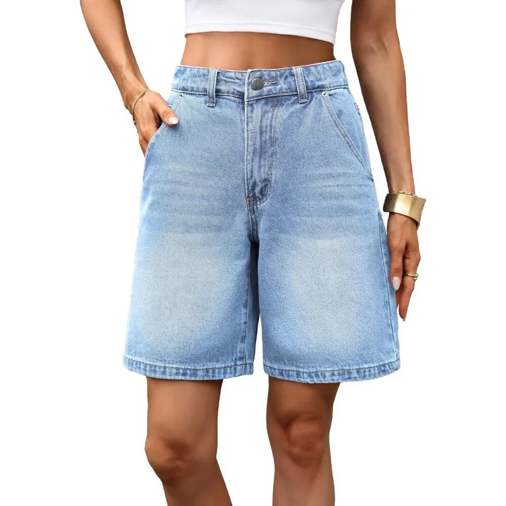 Women’s High-Waisted Baggy Bermuda Shorts Denim Knee-Length with Pockets